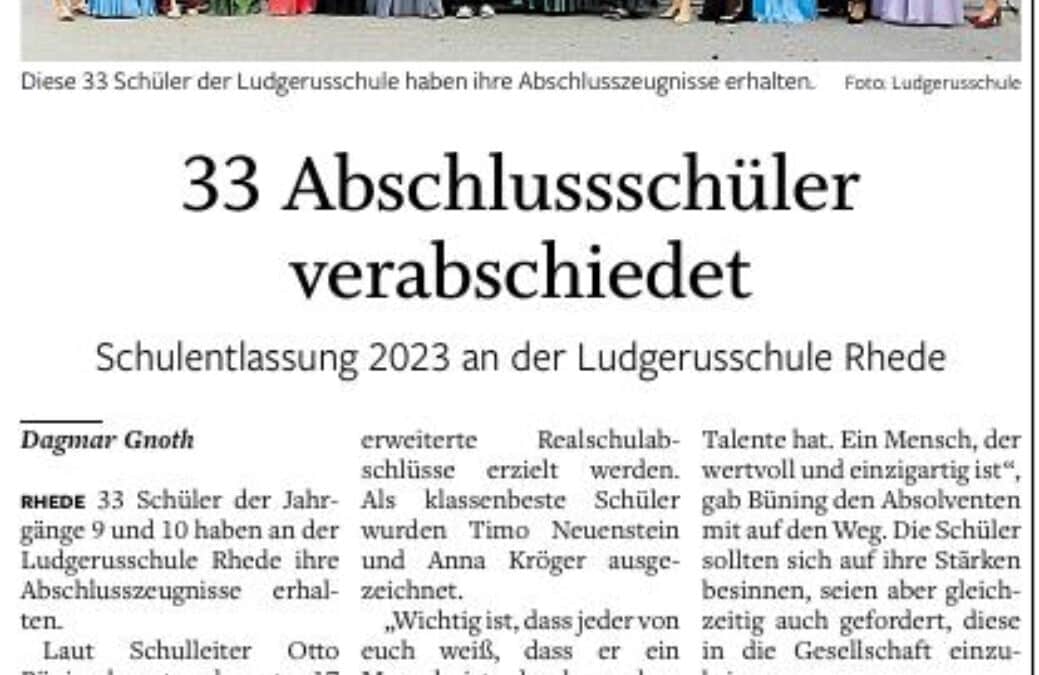 Ems-Zeitung, 05.07.23 – 33 Abschlussschüler verabschiedet