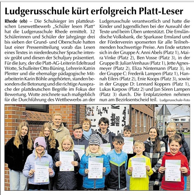 EL-Kurier, 06.04.2025 – “Ludgerusschule kürt erfolgreiche Platt-Leser”